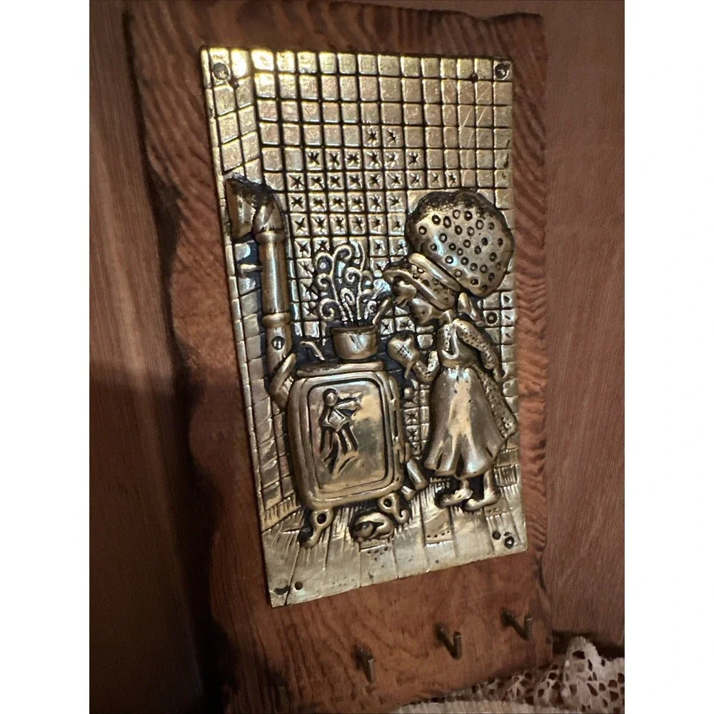 vintage 1970s Holly Hobbie key holder wall plaque with brass Relief On Wood